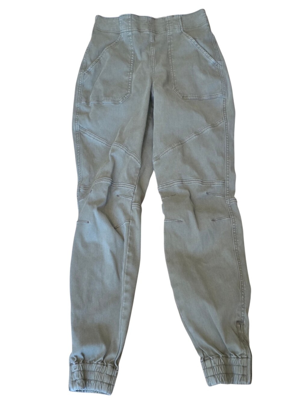 Spanx Twill Khaki Green Cargo Joggers Tapered Leg Zip Ankles Size Small